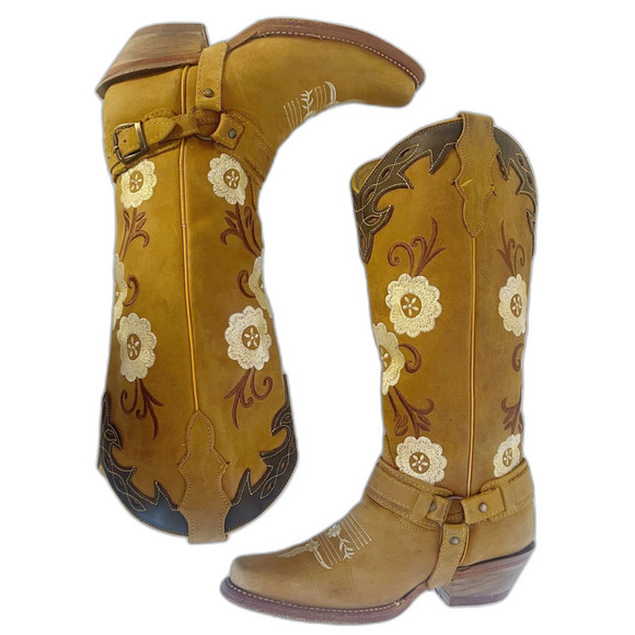 Women's Mexican Cowboy Boots Tan Leather Floral Embroidered Western Size 8 - Picture 1 of 8